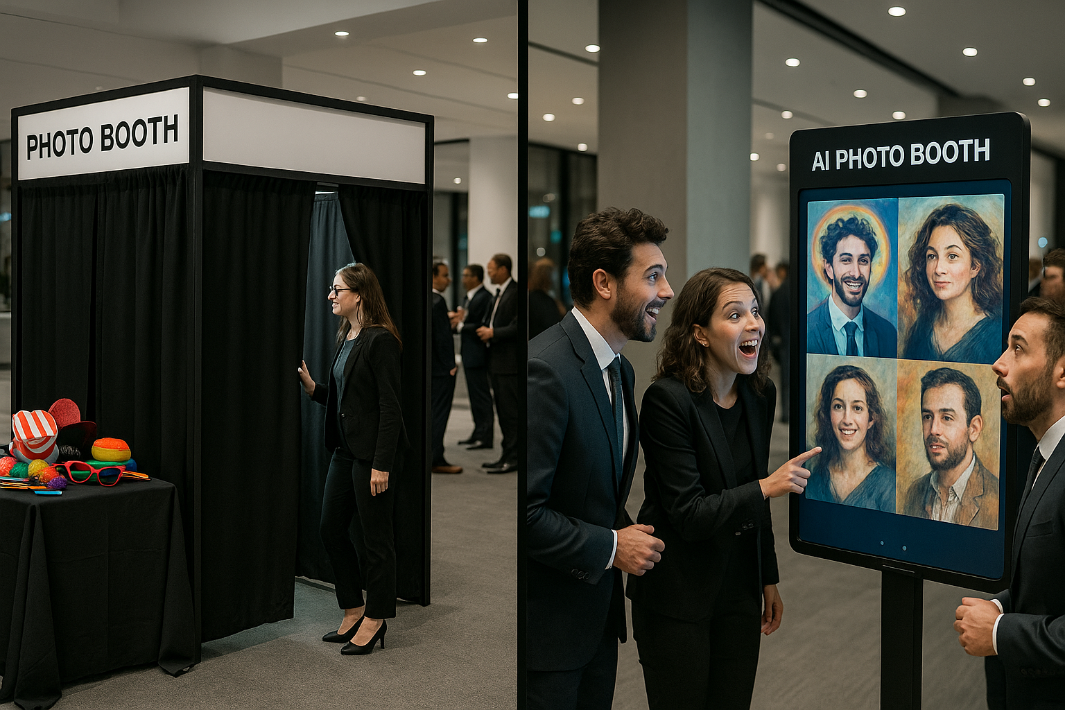 AI photo booth vs traditional photo booth comparison showing modern AI-generated portraits alongside classic photo strips at a corporate event