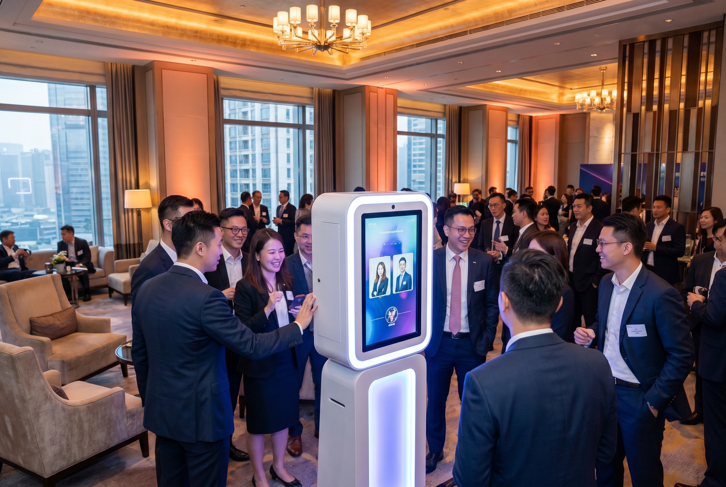 AI photo booth at a Hong Kong corporate event with branded personalized outputs