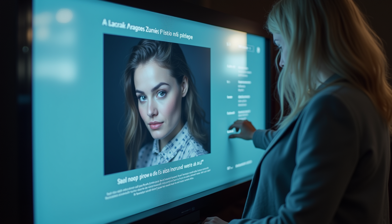 Corporate event attendee using PONS.ai AI photo booth touchscreen for branded experience