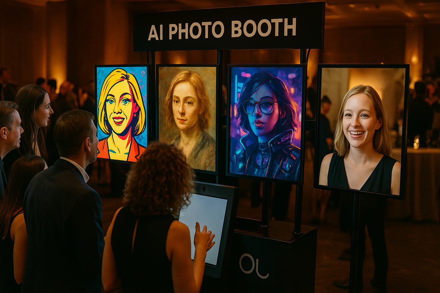 AI photo booth displaying multiple generative art styles at corporate gala event
