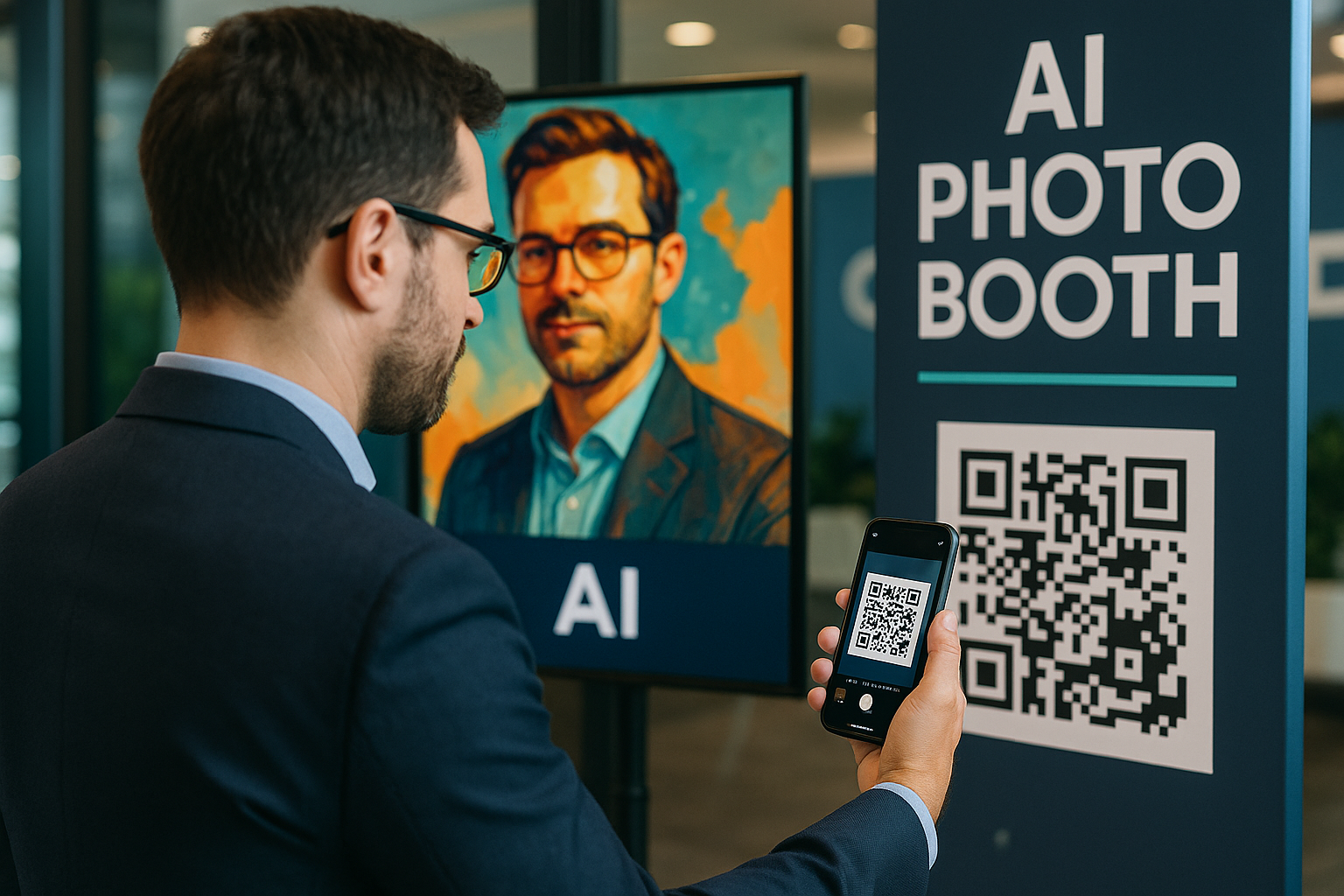 Event attendee using QR code to instantly share AI photo booth portrait on smartphone