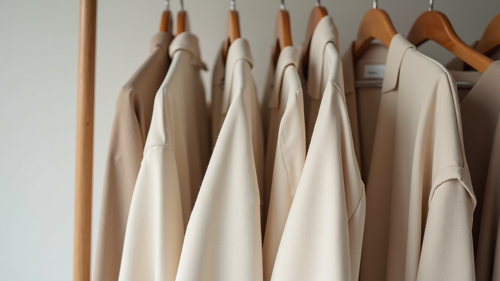 Eye-level view of minimalist clothing rack with neutral-toned apparel