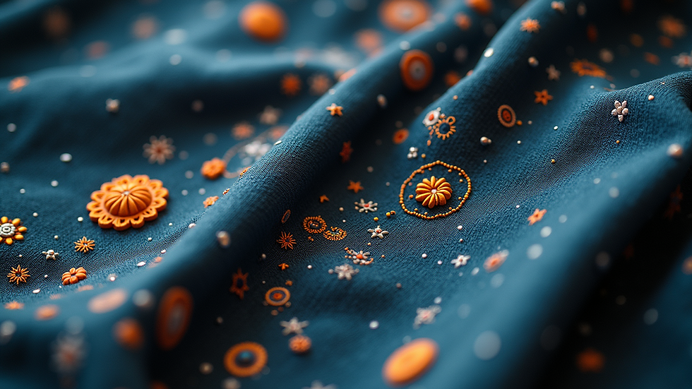 Close-up view of celestial-themed apparel fabric with intricate embroidery