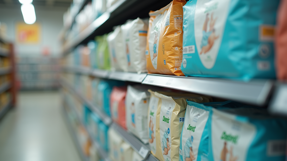Eye-level view of adult diaper packaging on a shelf