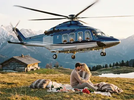 Romantische Szene mit einem eleganten Hubschrauber über den bayerischen Alpen bei Sonnenuntergang, warmes Licht, weiche Farben, zwei Personen im Vordergrund, luxuriöse und emotionale Stimmung