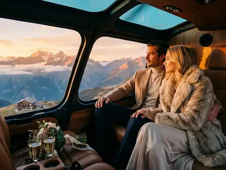 Ein luxuriöses, romantisches Szenario in den Alpen mit 2 Personen, die gemeinsam aus einem modernen Hubschrauber auf eine Berglandschaft blicken.