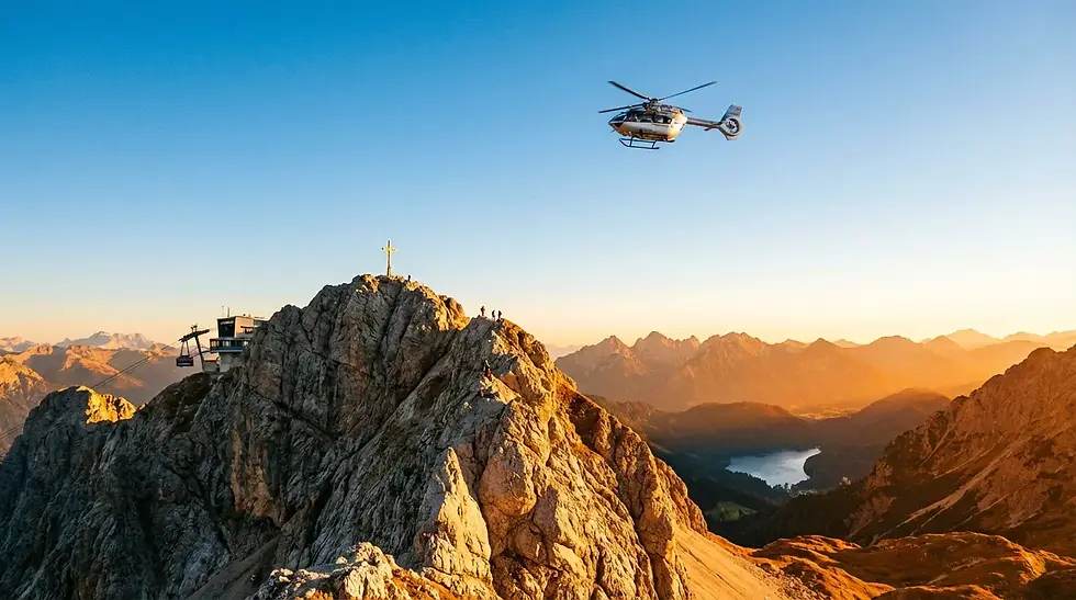 Ein Münchener Helikopter umkreist den Gipfel der Zugspitze