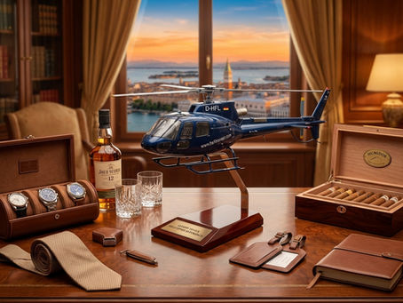 Personalisierte Geschenke für Männer: Helikopter-Modell mit Luxus-Accessoires wie Uhren, Whisky, Humidor und Leder-Notizbuch auf einem Mahagoni-Schreibtisch vor Abendpanorama