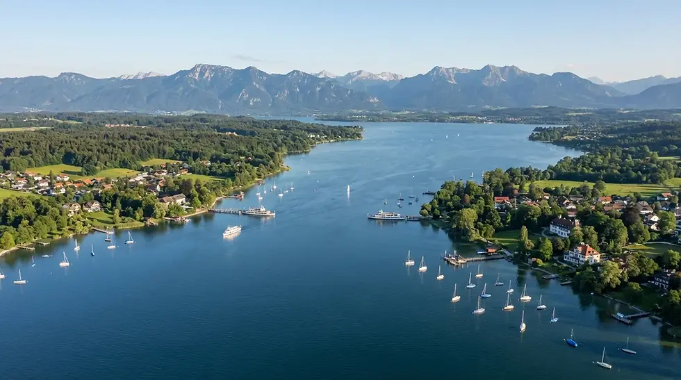Sicht auf den Starnberger See mit Alpenpanorama aus einem Hubschrauber heraus