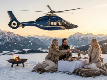 Ein luxuriöses Winterhelikopter-Erlebnis in den bayerischen Alpen, mit einem eleganten Helikopter, der über schneebedeckte Berge im goldenen Sonnenuntergang fliegt. Im Vordergrund genießen zwei gut gekleidete Frauen und ein Mann eine raffinierte Alpenlandschaft nahe einem Golfplatz, cinematografische Beleuchtung, Premium-Lifestyle-Fotografie, ohne Text, Logos oder Symbole.