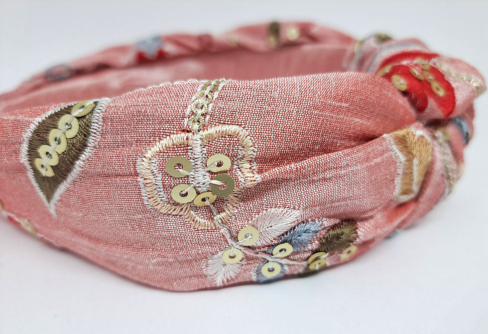 Thumbnail: Salmon Pink Knot Hairband with Embroidery and Sequins