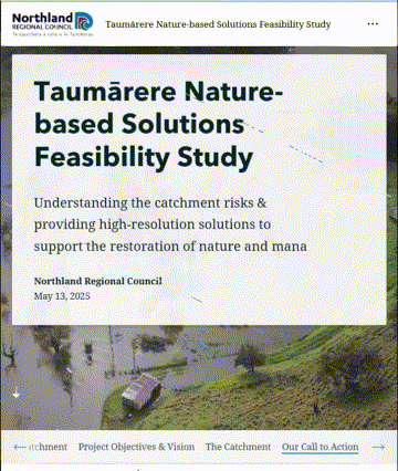 Scrolling visual of the interactive Storymap website for the Taumārere Nature-based Solutions Feasibility Study