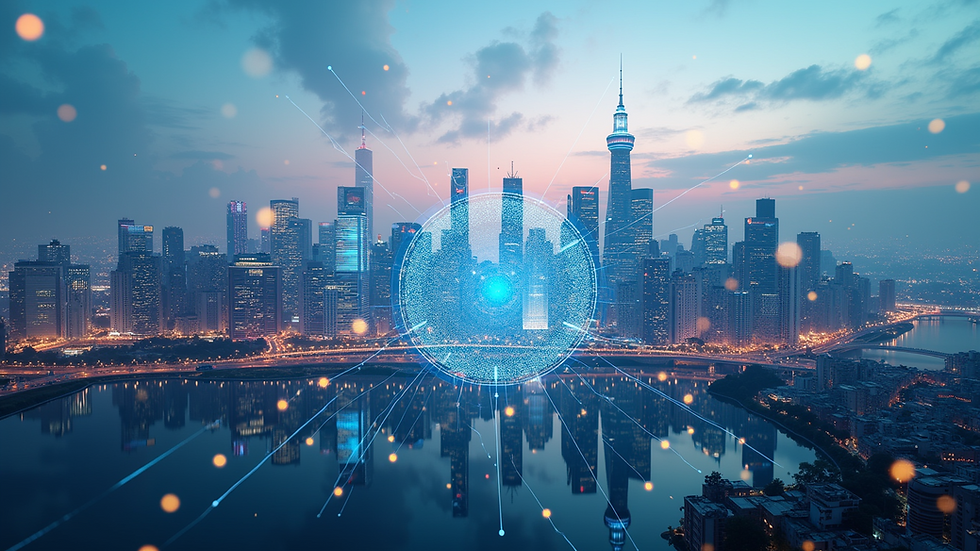 Eye-level view of a futuristic city skyline with digital elements