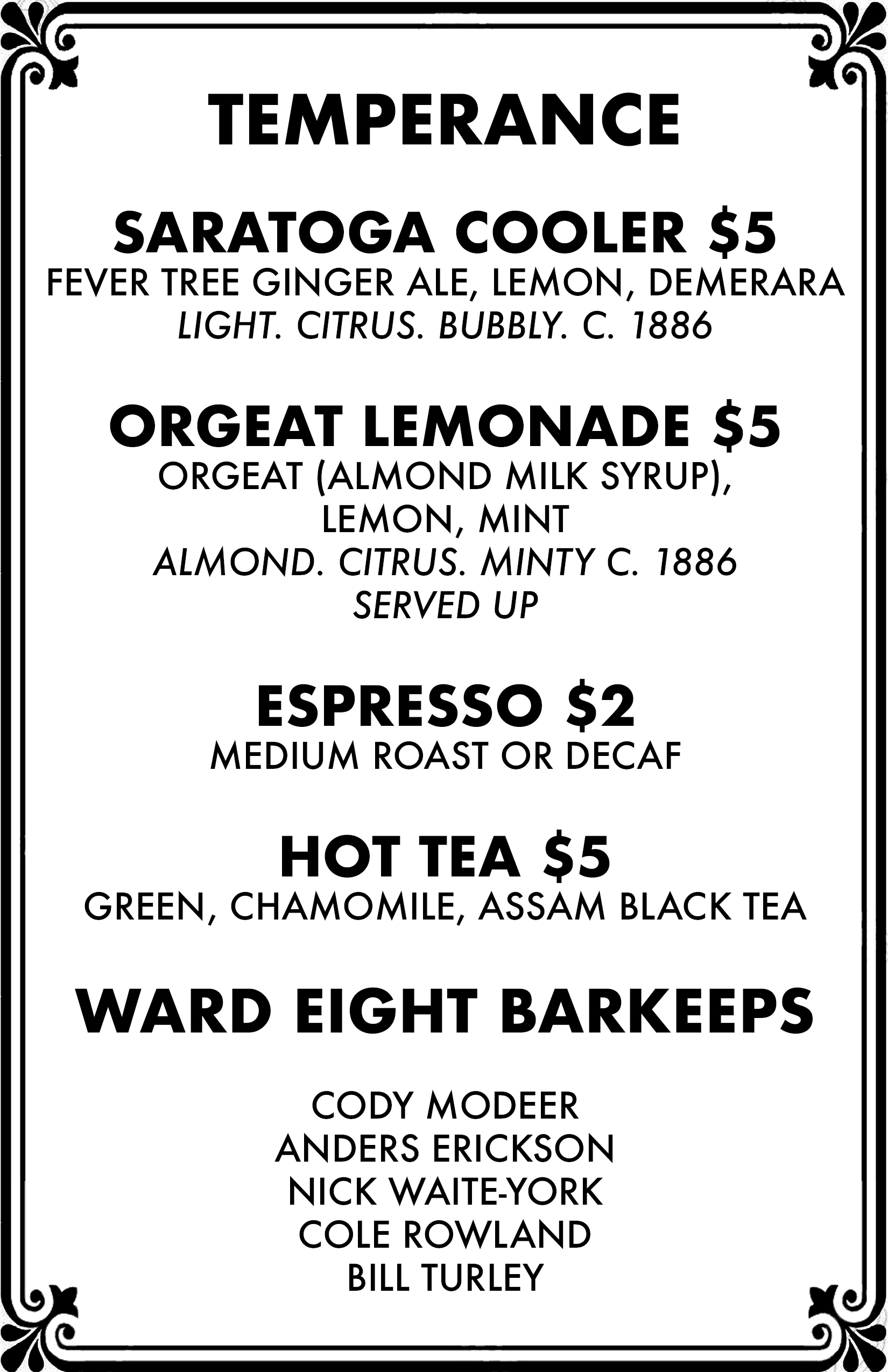 Temperance N/A Menu