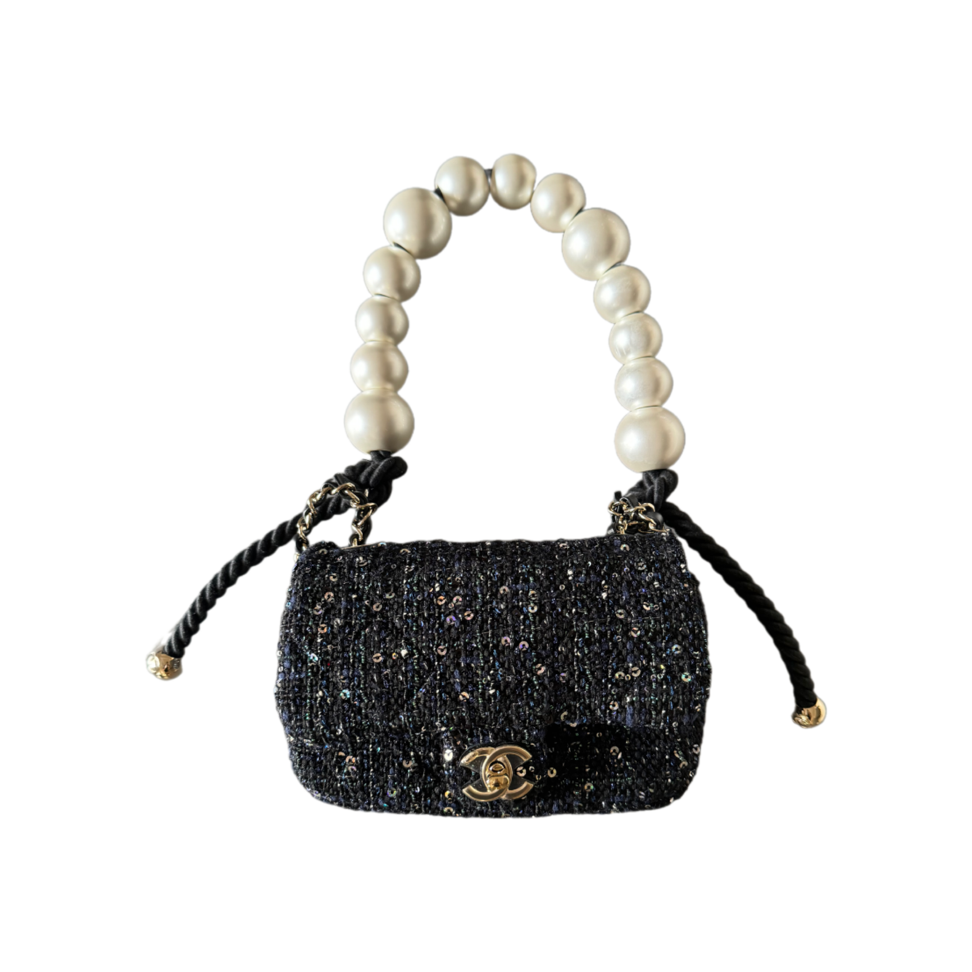 Chanel Tweed Mini Pearl Handle Flap Black Ecru