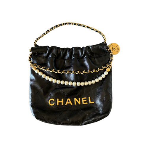Chanel mini 22 calfskin quilted pearl black | sassiluxe