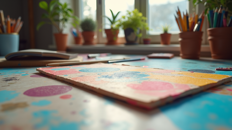 Eye-level view of a creative workspace featuring colorful art supplies