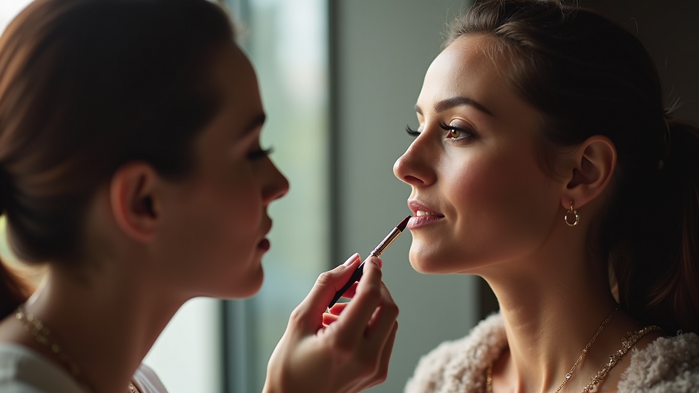 Close-up view of a makeup artist applying lipstick to a client