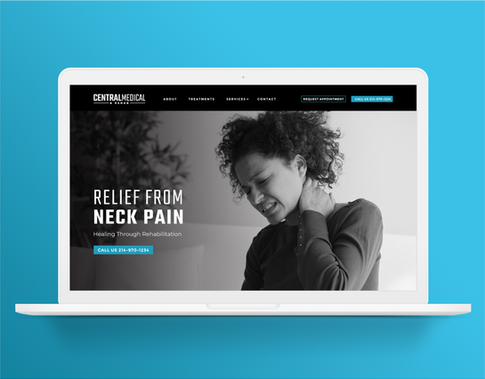 Website mockup for a physical rehabilitation clinic, with bold typography and a clean UX layout.