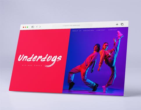 Landing page design for Underdogs hip-hop dance group, combining expressive typography and vibrant duotone imagery.