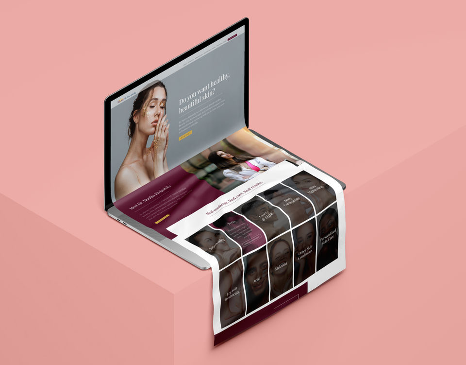 Website layout for dermatology clinic, designed to emphasise personalised skincare and professional trust.