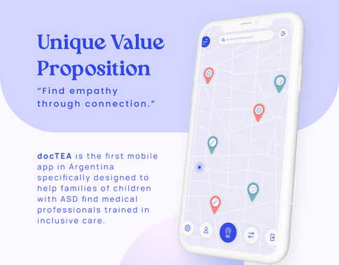 DocTEA’s unique value proposition emphasizing empathy and connection, with a mobile mockup and app description.
