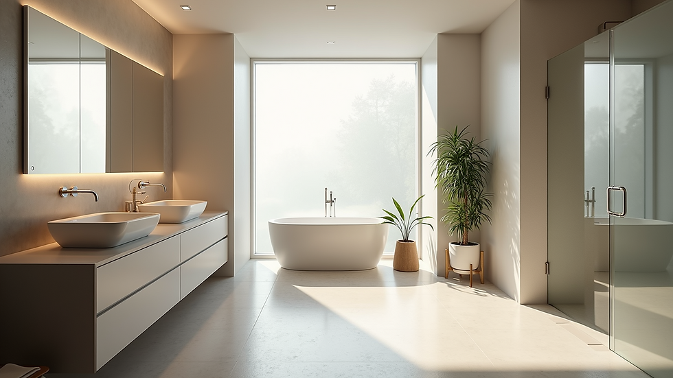 High angle view of a spacious bathroom with natural light and modern design