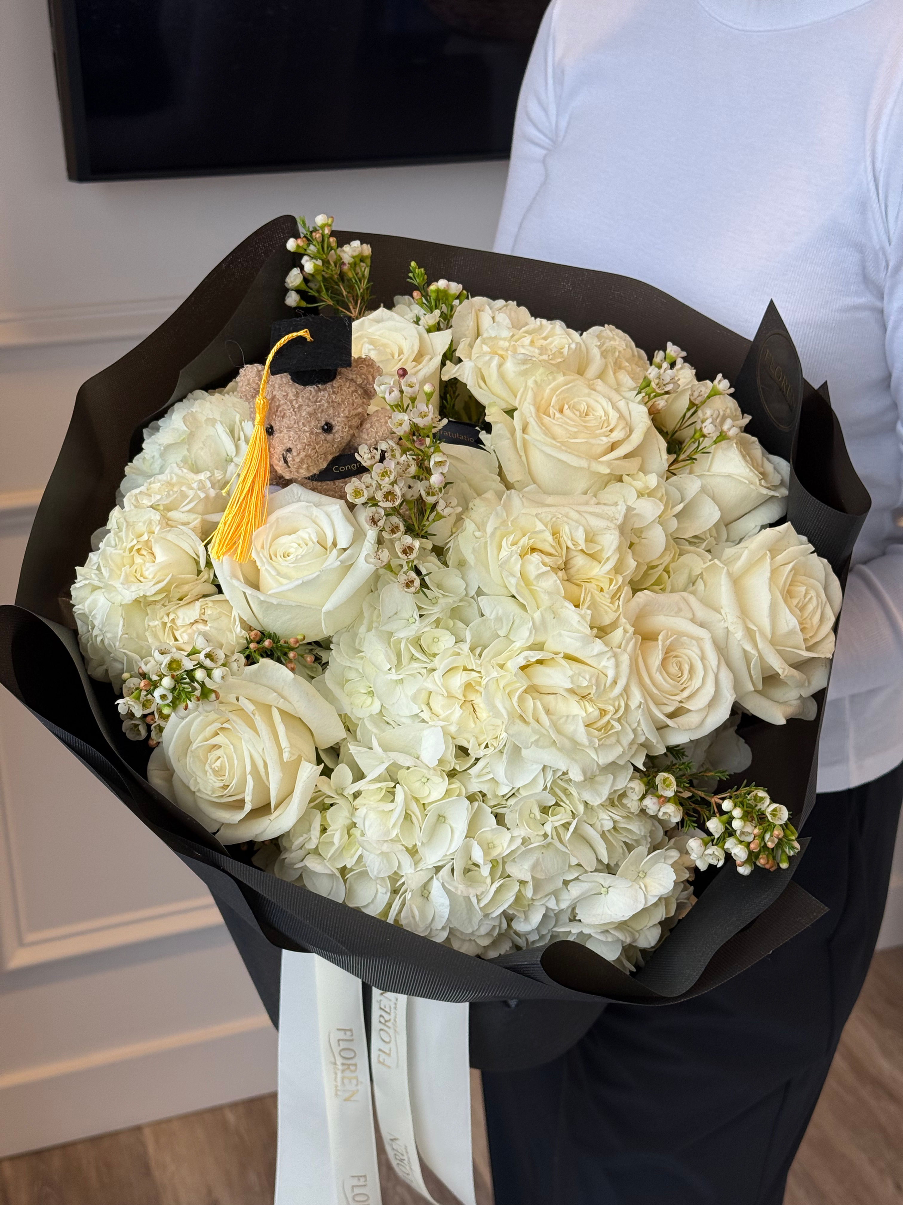Bouquet "The Graduate Glow"-hydrangeas, roses, and wax flowers