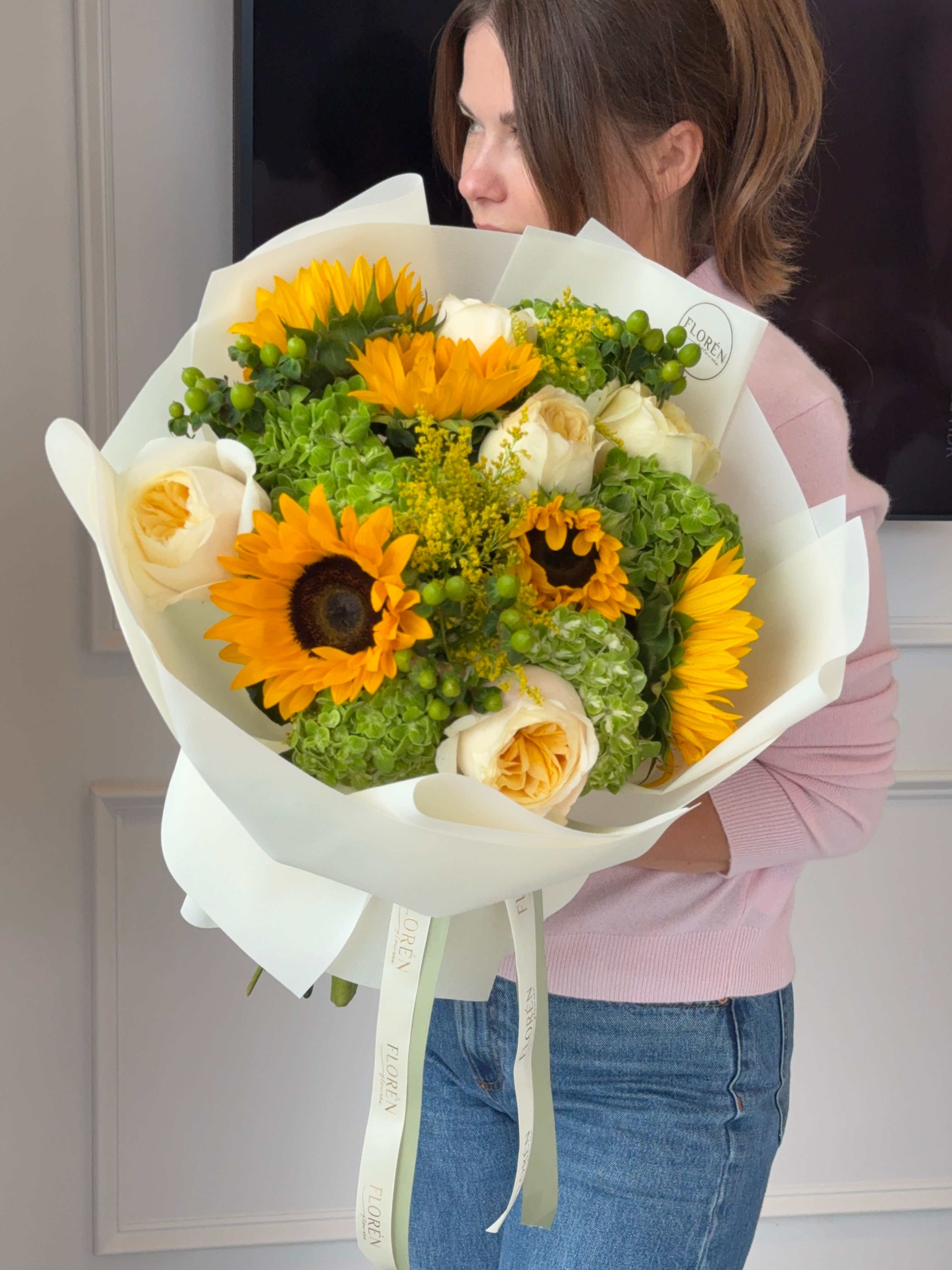 Bouquet “Golden Rays” - hydrangeas, sunflowers, garden roses, greens 