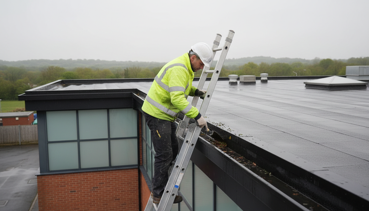 High-angle view of a maintenance worker checking a roof gutter on a low-rise building.
