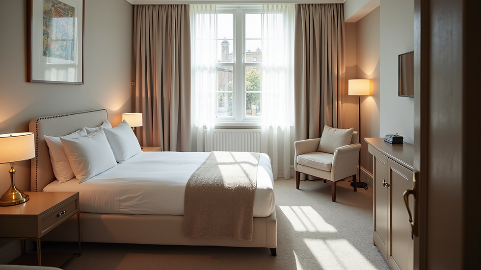 High angle view of a comfortable bedroom in a serviced apartment in Southampton