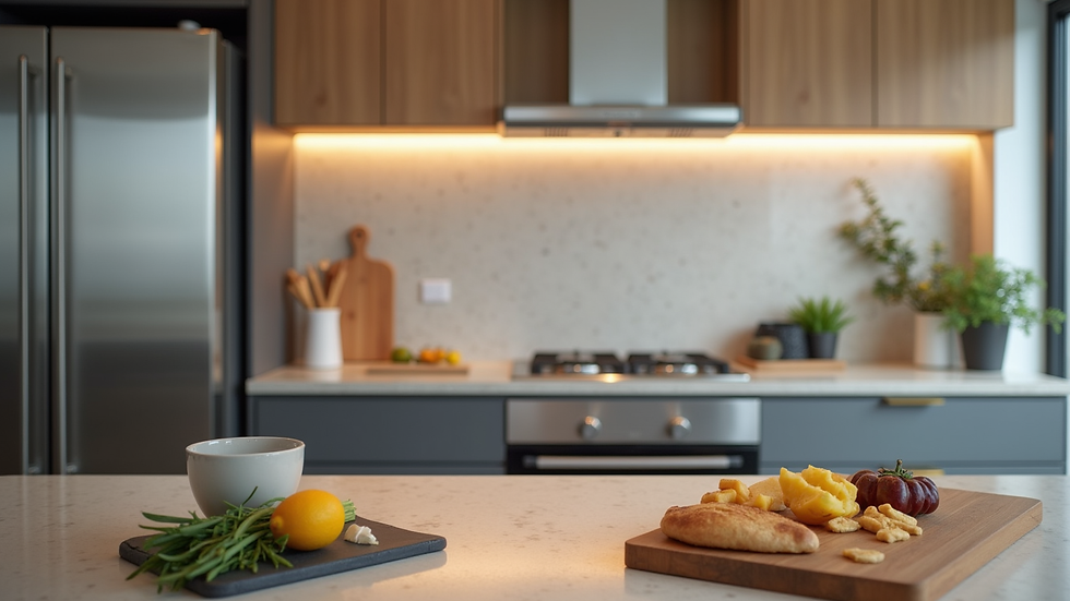 Close-up view of a modern kitchen in a serviced apartment with stainless steel appliances