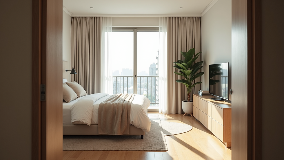 Eye-level view of a bedroom in a serviced apartment with natural light and modern decor
