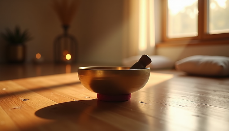 Eye-level view of a crystal singing bowl resting on a wooden floor in a softly lit room