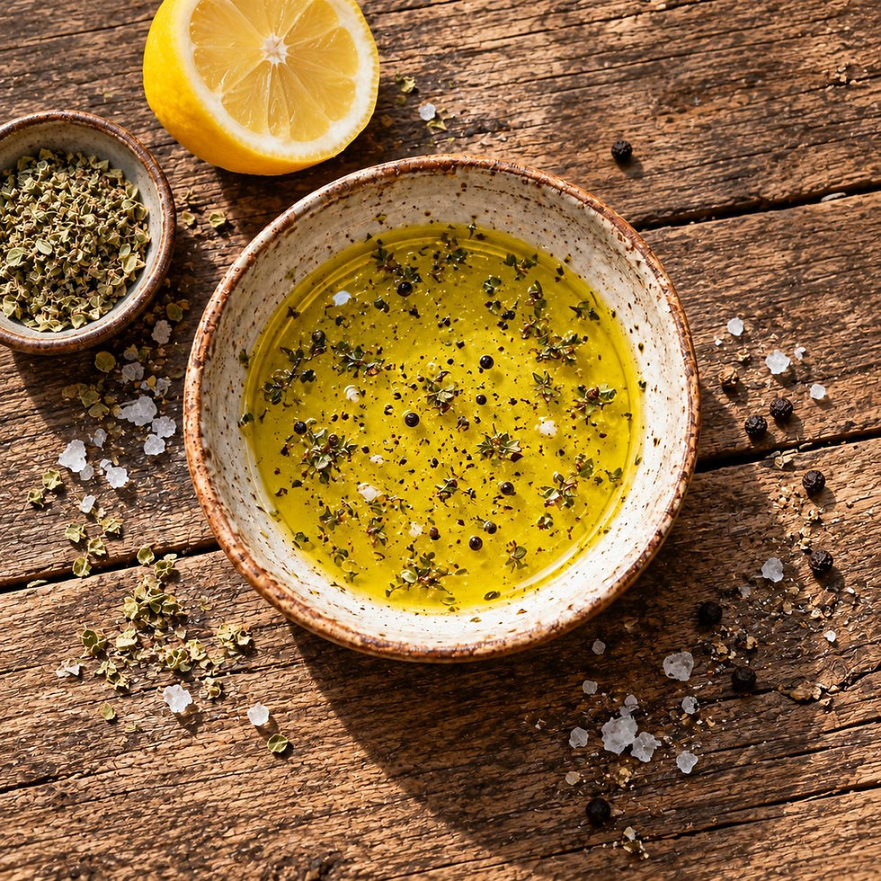 Overhead view of Corfiot salamoura, a clear olive oil, lemon and oregano dressing with sea salt and ground black pepper.