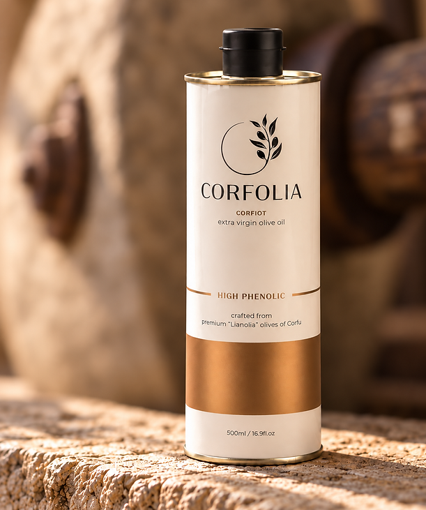 Corfolia 500 ml metal tin in front of a traditional stone olive mill