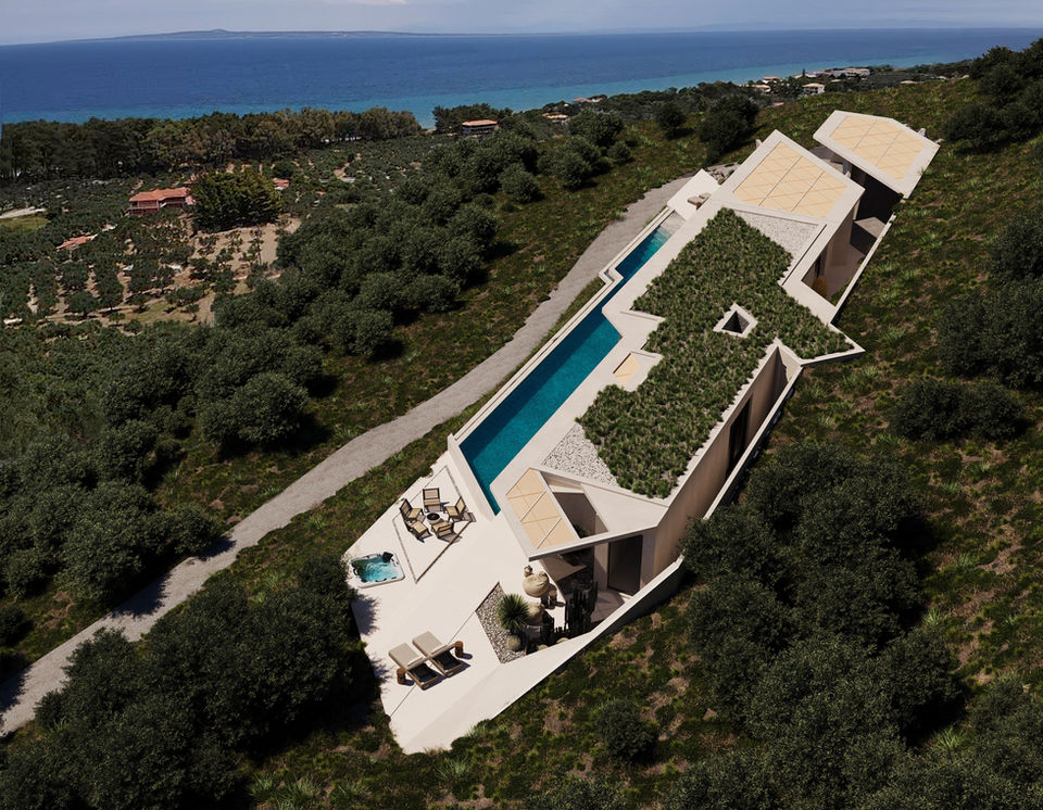 Minimalist luxury villa built into the hillside in Vasilikos Zakynthos – extended façade with outdoor living spaces and natural surroundings.