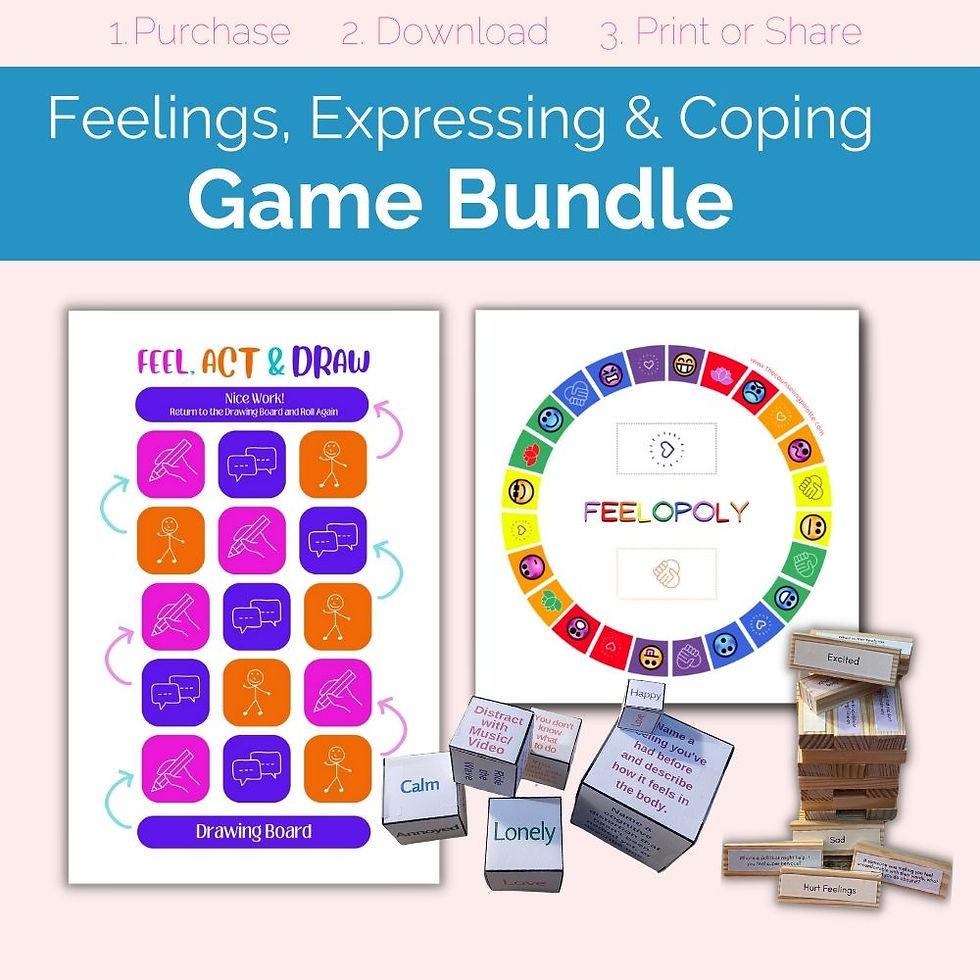 This feelings game bundle includes FEELOPOLY, therapy Jenga, prompt dice, and the emotions game Fee, Act & Draw. 