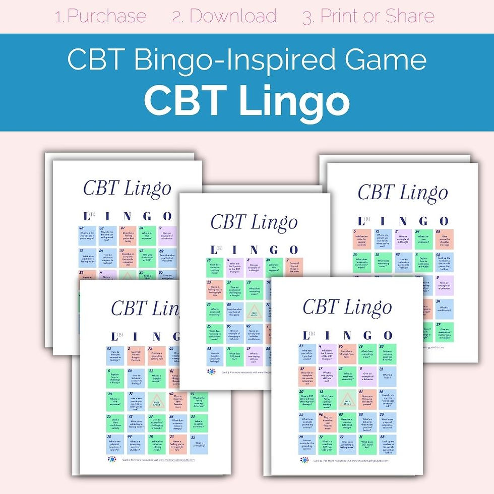 This CBT Bingo game, or CBT Lingo, is a therapy game with prompts focused on cognitive behavioral therapy. 