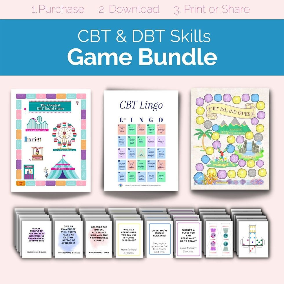 This infographic includes three therapy games that cover CBT techniques and DBT skills. 