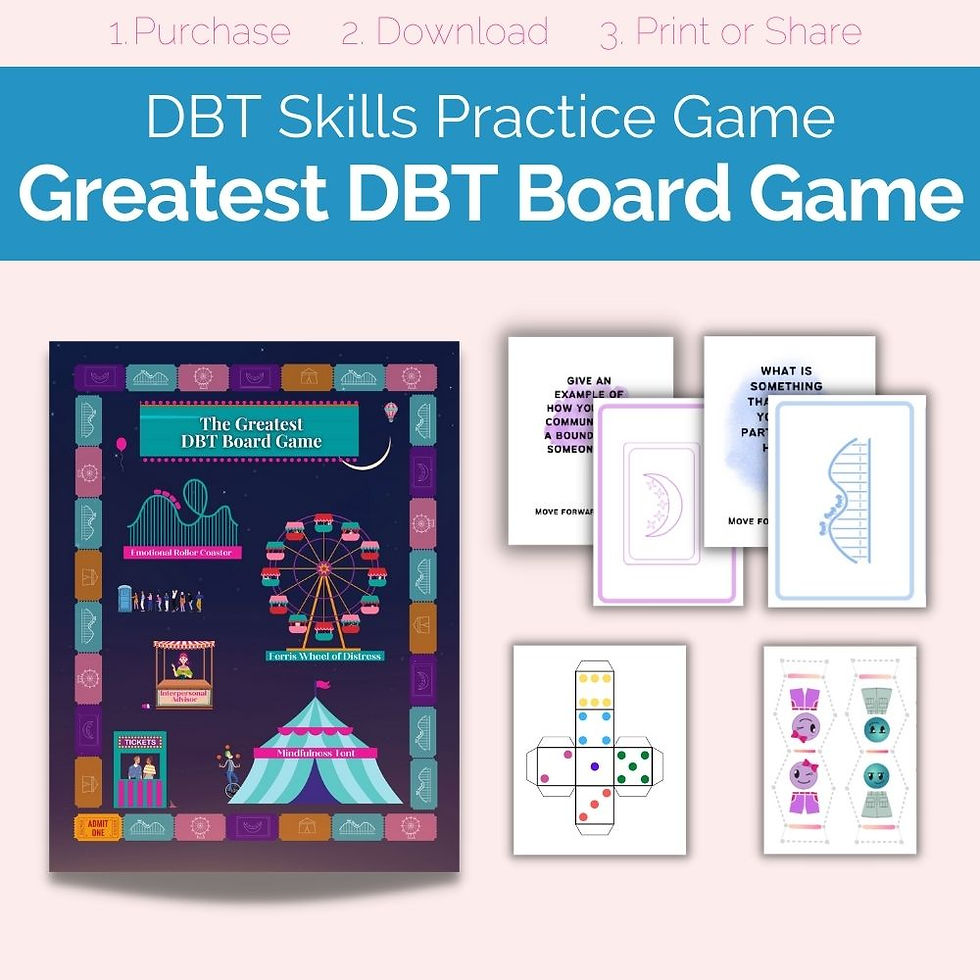 This DBT game is a printable PDF activity great for reinforcing DBT skills like radical acceptance, mindfulness, and DEARMAN. 