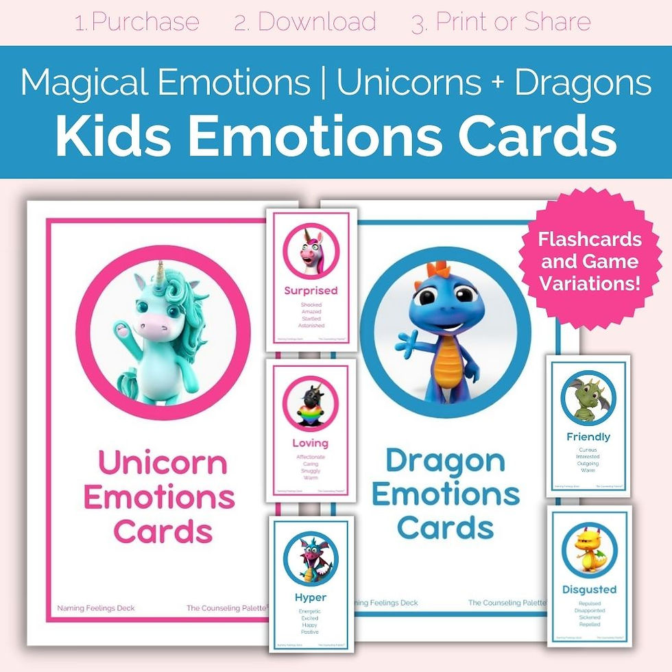 This infographic shows kids emotions cards, with cute unicorn and dragon artwork. The cards also include multiple game variations, such as Go Feel! and Emotions Match. 