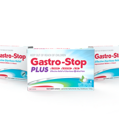 Gastro-Stop and Gastro-Stop Plus pharmaceutical medicine cartons featuring red, purple and turquoise retail packaging graphics.