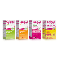 Coloxyl pharmaceutical packaging range featuring constipation relief tablets, Coloxyl with Senna and infant drops in colourful cartons.