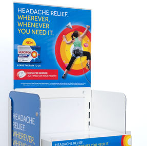 Reckitt Benckiser Nurofen Permanent Floor Display manufactured from metal and acrylic for pharmacy, supermarket and convenience