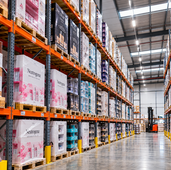 Warehouse racking filled with palletised POS display cartons and retail promotional materials ready for campaign fulfilment.