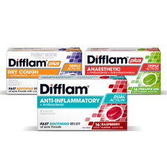 Difflam Plus and Difflam Anti-Inflammatory throat lozenge cartons featuring colourful pharmaceutical packaging designs.
