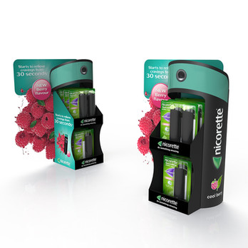 Semcom Nicorette 3D Bottle Shaped POS Cardboard Counter Unit Shelf Display with die cut side header card