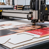 Industrial die-cutting machine cutting printed cardboard sheets into custom POS display and packaging components.