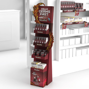 Semcom POS Display Design & Production for Betadine Pharmacy Products including Cardboard 3D Cutout Floor display, Shelf Display Unit, Wobblers, Counter Unit.